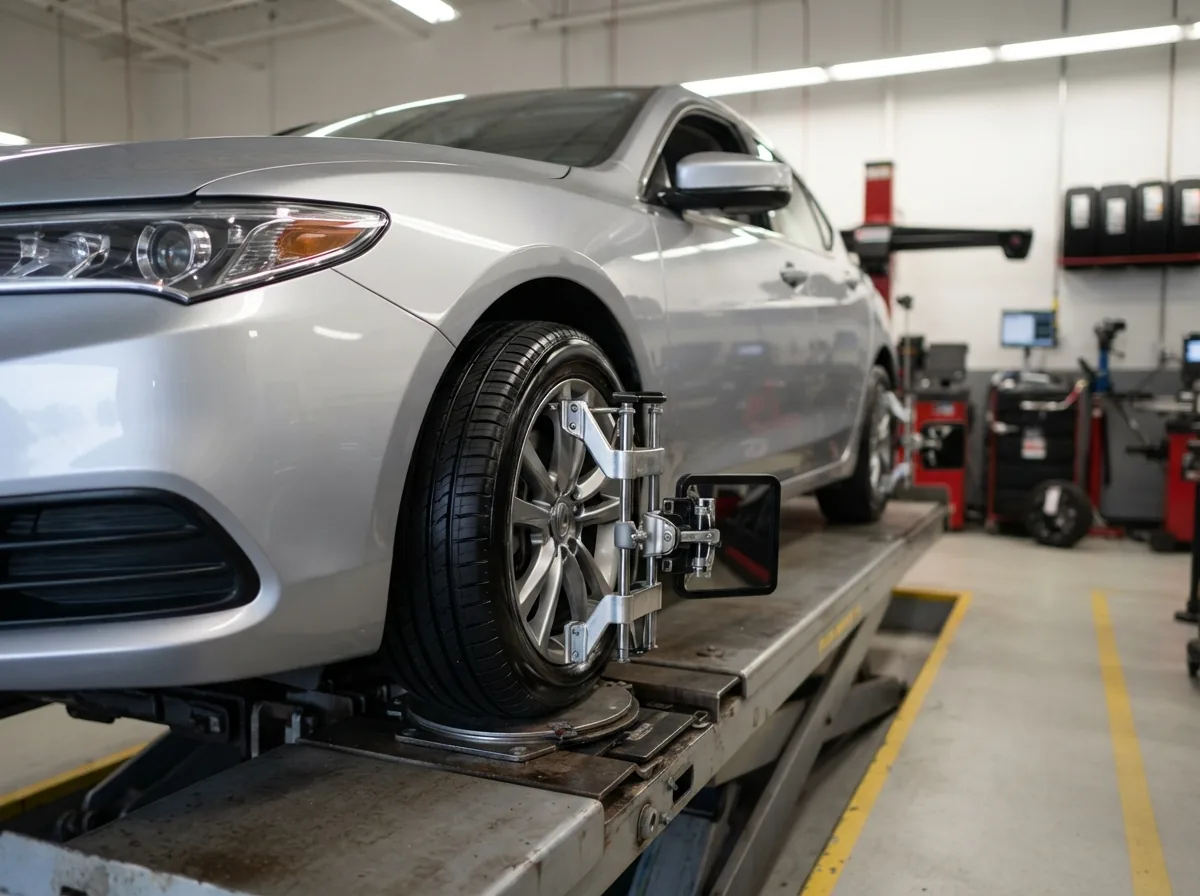 Sedan on new tires up on the alignment lift with an alignment clamp on the front wheel