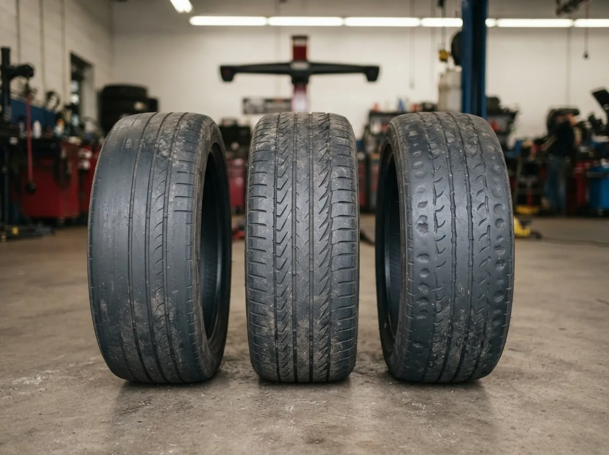 Three tires showing inner-edge, feathered, and cupped tread wear from bad alignment