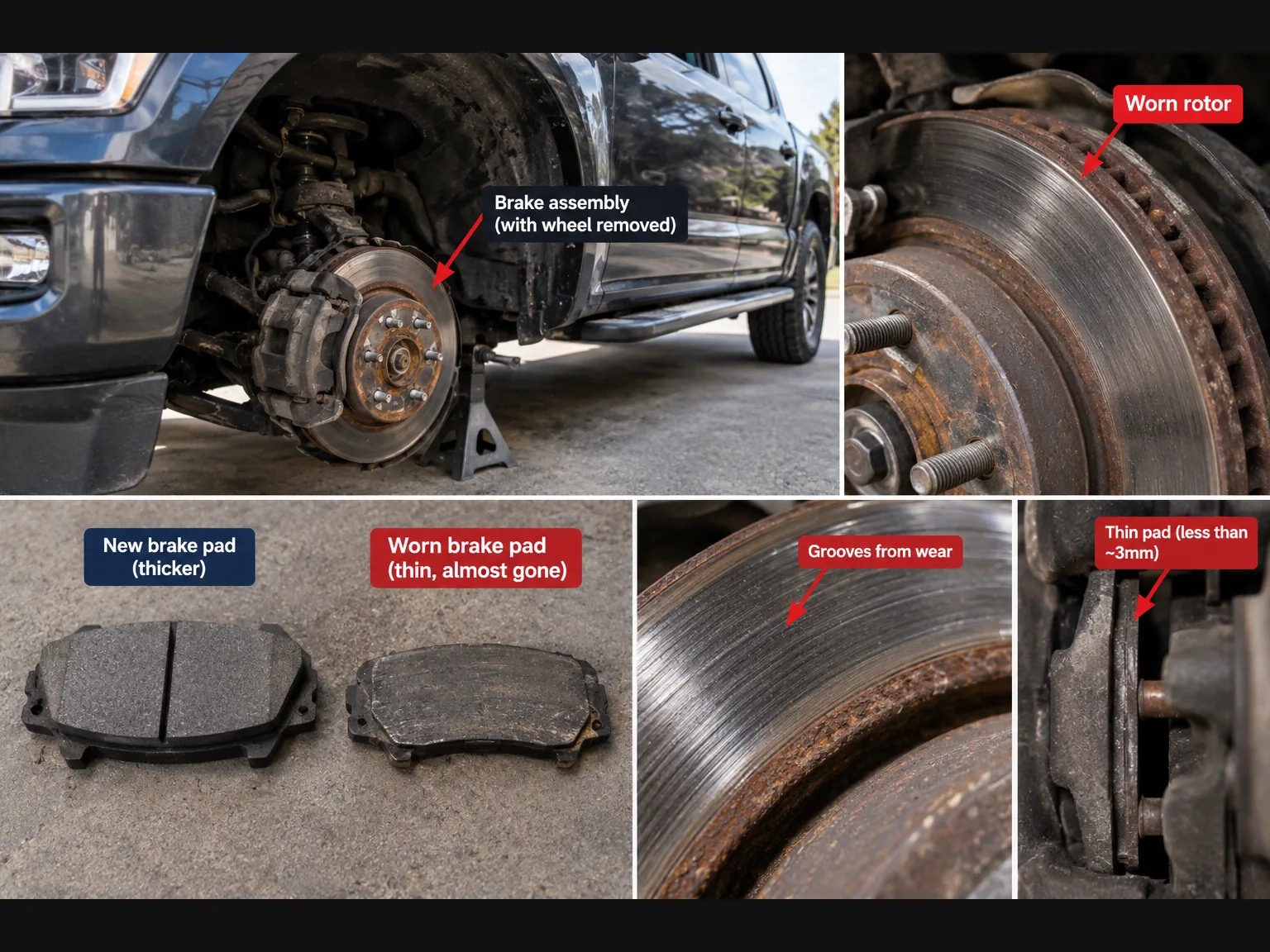 Labelled brake photos comparing a new and a worn brake pad, a worn and grooved rotor, and a thin pad in the caliper