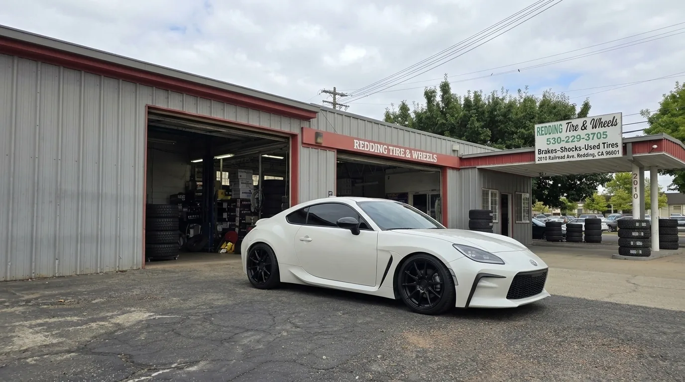 Sports car on custom black wheels outside Redding Tire & Wheels