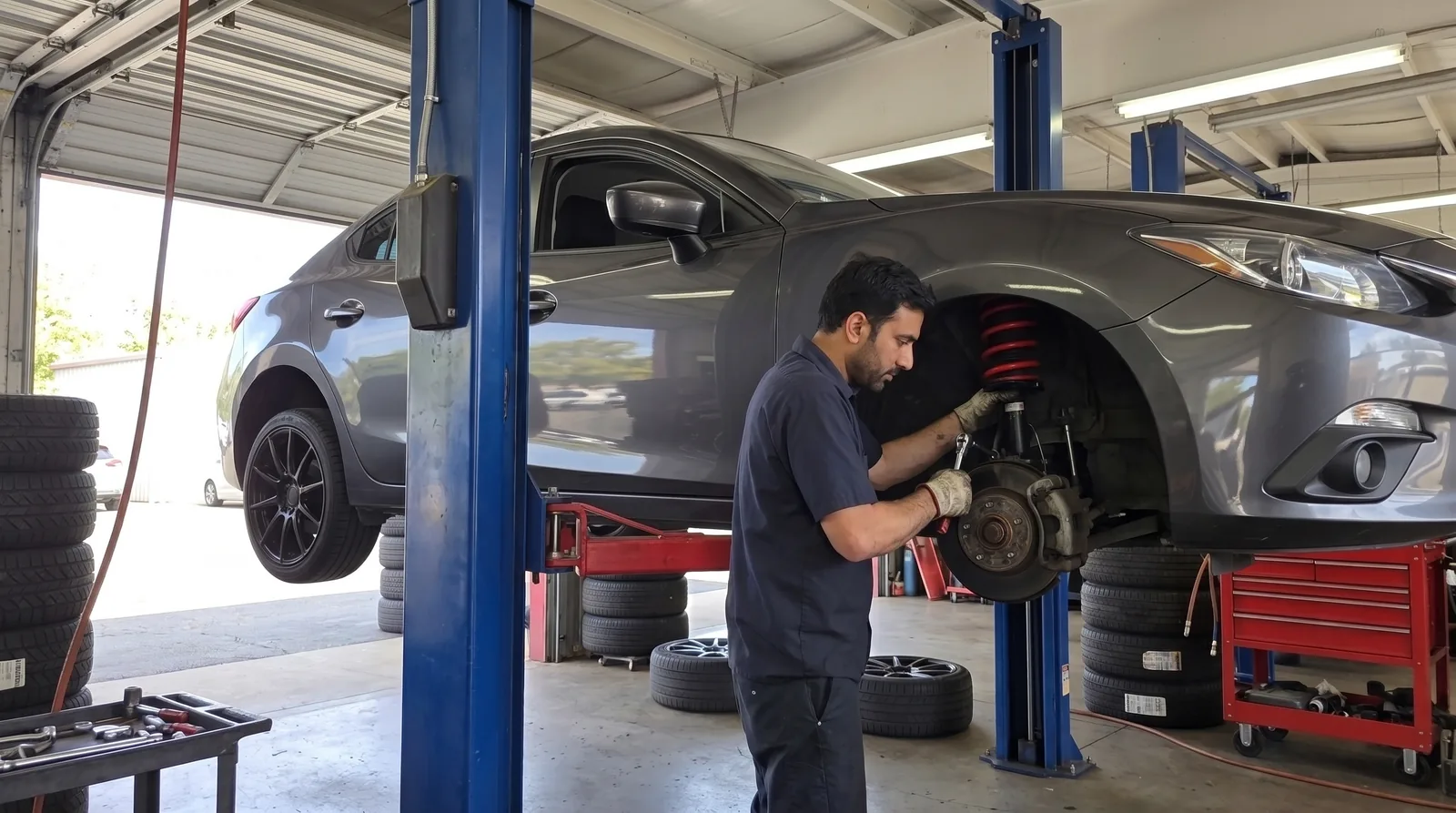 Technician installing a red coilover spring on a gray sedan raised on a lift