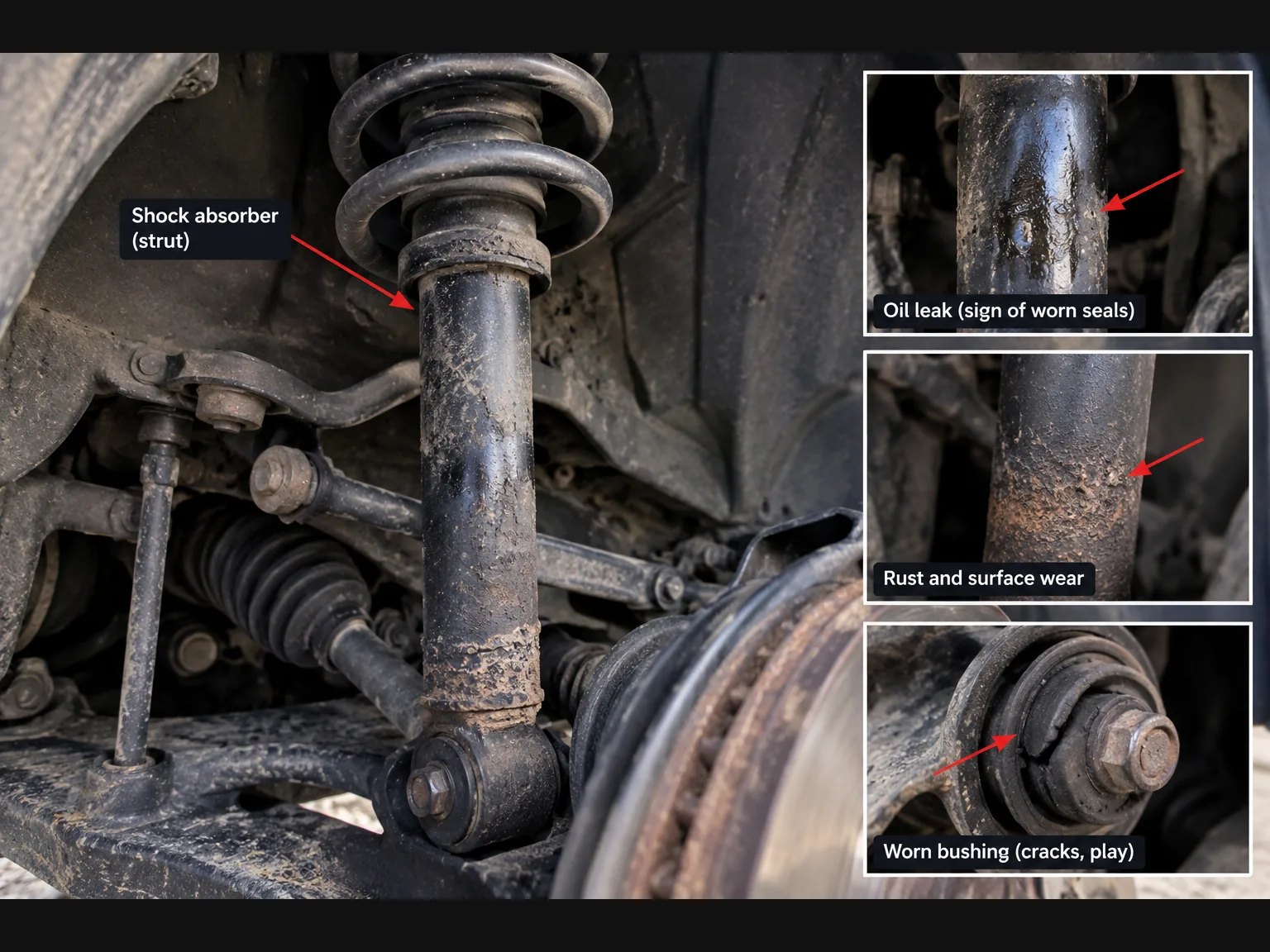 Worn strut with callouts for an oil leak, rust and surface wear, and a cracked bushing